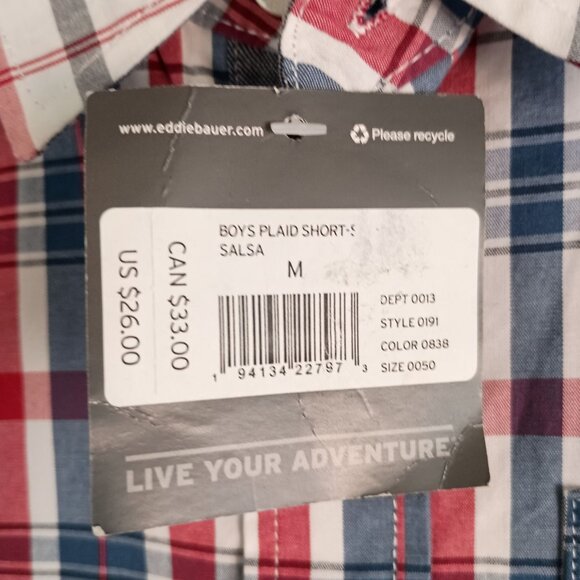 Eddie Bauer Boys Plaid Button Front Shirt M Salsa Red Cotton NWT New - Picture 4 of 5